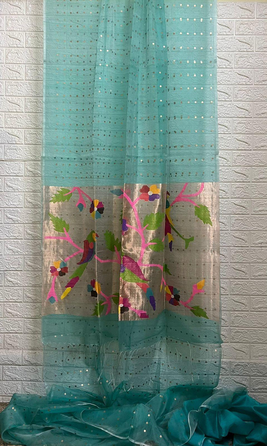 Sea green paithani pallu sequins organza silk handwoven jamdani saree - Tamal Boutique