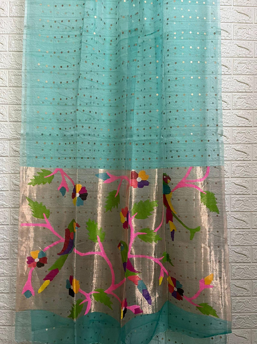 Sea green paithani pallu sequins organza silk handwoven jamdani saree - Tamal Boutique