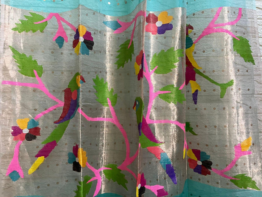 Sea green paithani pallu sequins organza silk handwoven jamdani saree - Tamal Boutique