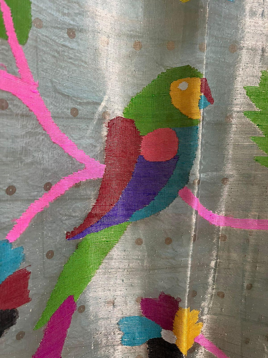 Sea green paithani pallu sequins organza silk handwoven jamdani saree - Tamal Boutique