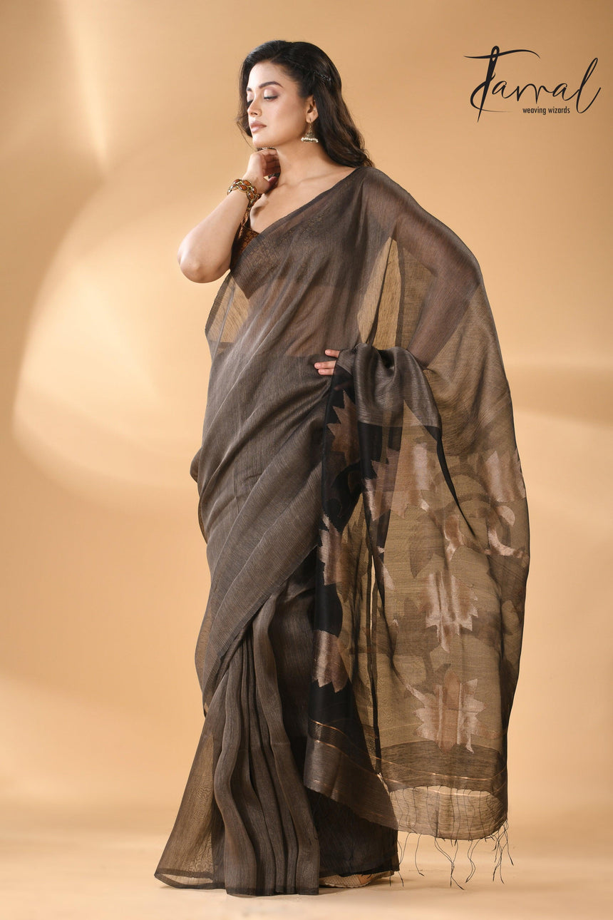 Silk Linen Handwoven Jamdani Saree in charcoal black color