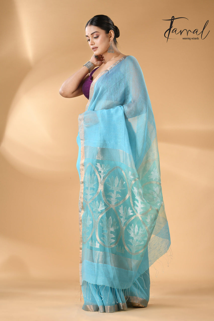 Sky Blue With Lotus Pallu Silk Linen Handwoven Jamdani Saree