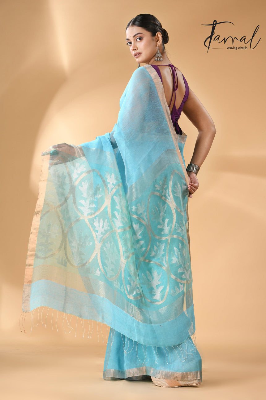 Sky Blue With Lotus Pallu Silk Linen Handwoven Jamdani Saree back