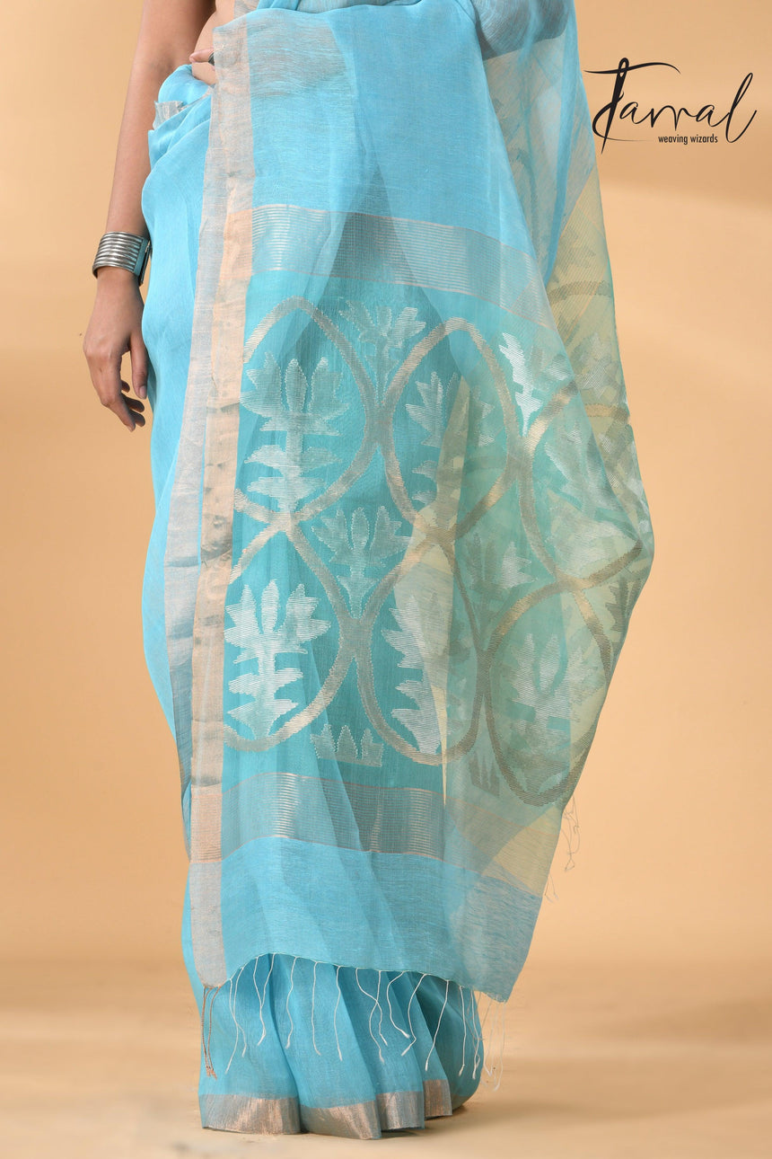 Sky Blue With Lotus Pallu Silk Linen Handwoven Jamdani Saree bottom