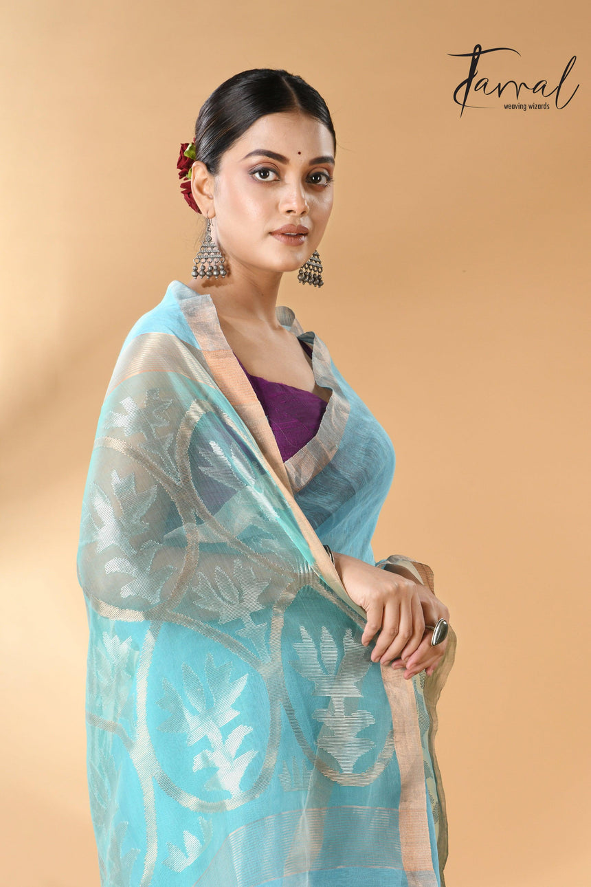 Sky Blue With Lotus Pallu Silk Linen Handwoven Jamdani Saree cls