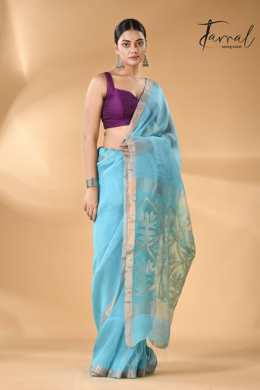 Sky Blue With Lotus Pallu Silk Linen Handwoven Jamdani Saree full1