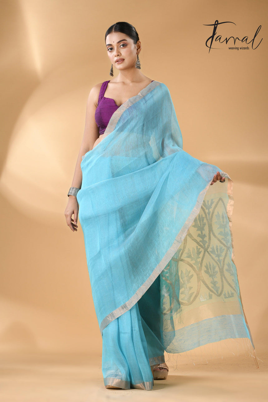 Sky Blue With Lotus Pallu Silk Linen Handwoven Jamdani Saree full2