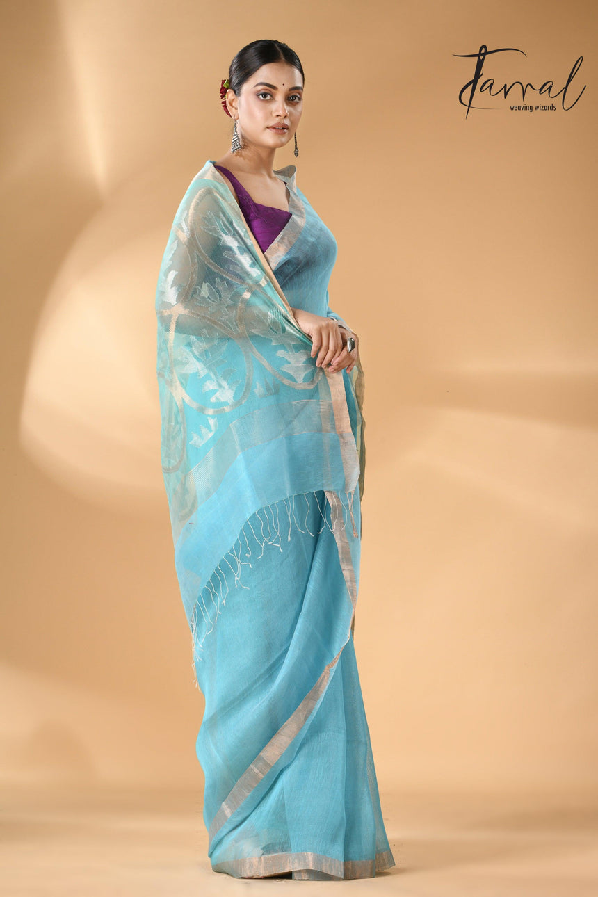 Sky Blue With Lotus Pallu Silk Linen Handwoven Jamdani Saree full3