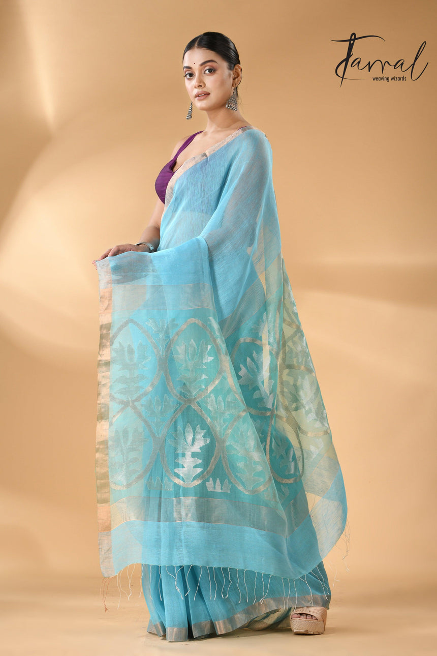 Sky Blue With Lotus Pallu Silk Linen Handwoven Jamdani Saree full5