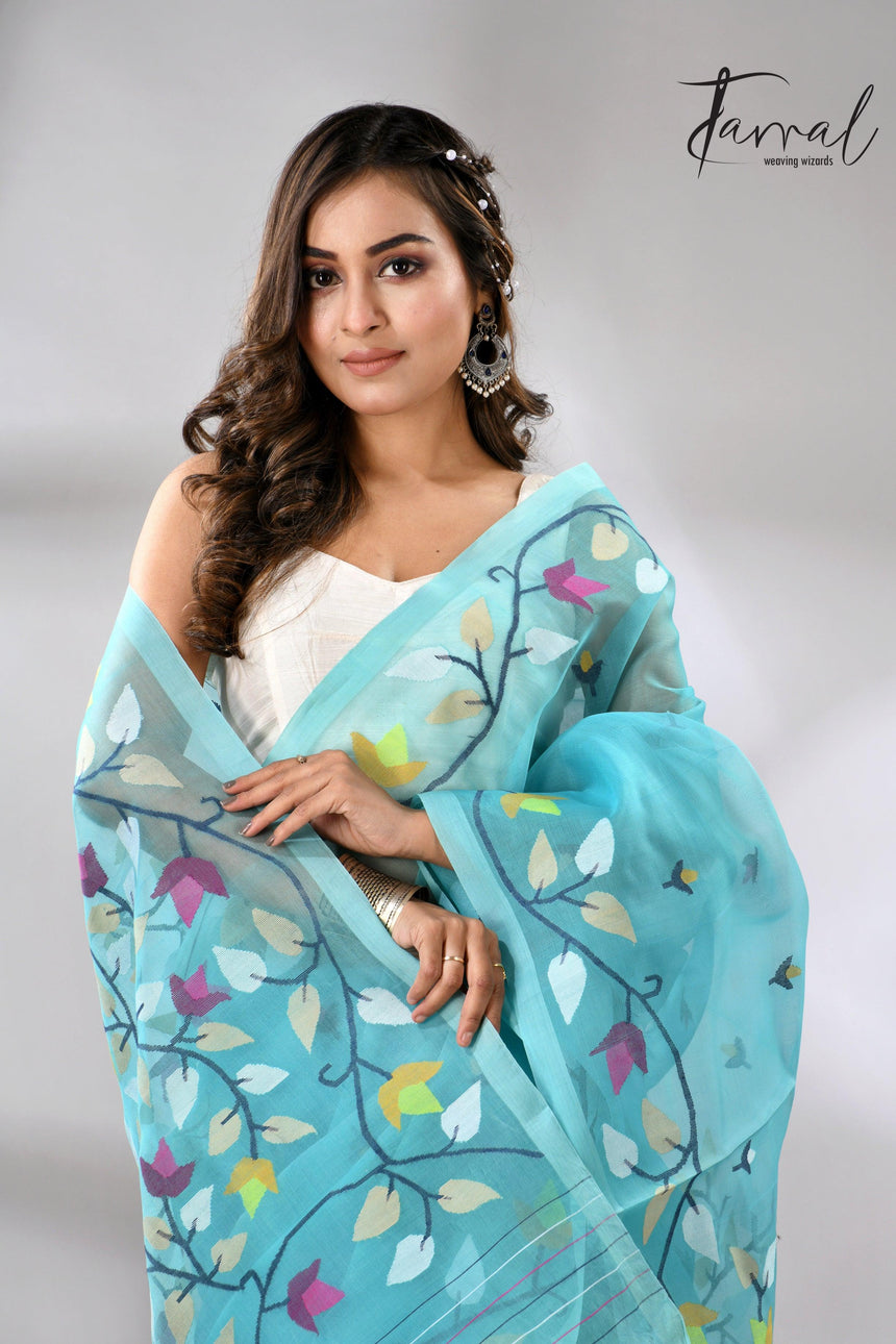 Sky Firoza with muslin silk floral handwoven jamdani saree full