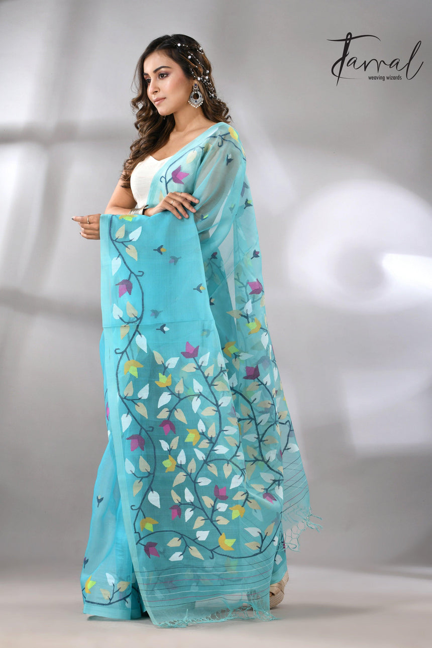 Sky Firoza with muslin silk floral handwoven jamdani saree full 6