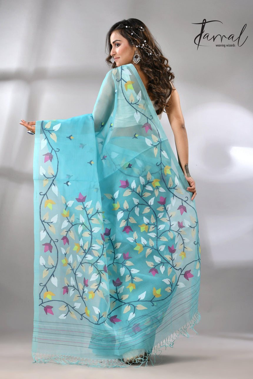 Sky Firoza with muslin silk floral handwoven jamdani saree full7