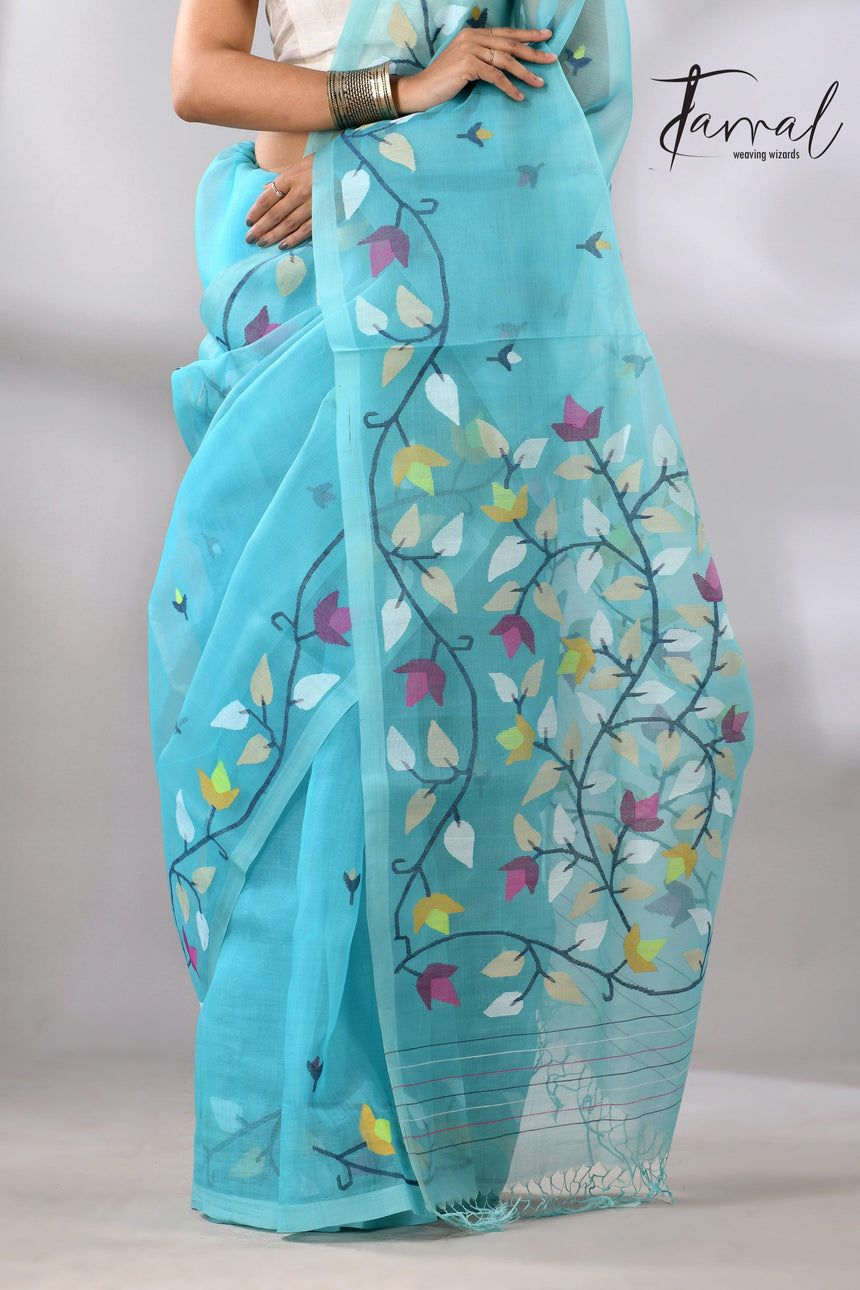 Sky Firoza with muslin silk floral handwoven jamdani saree full8