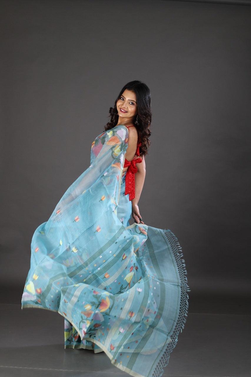 Sky blue with multicolour kalmilata floral handwoven muslin silk jamdani saree - Tamal Boutique