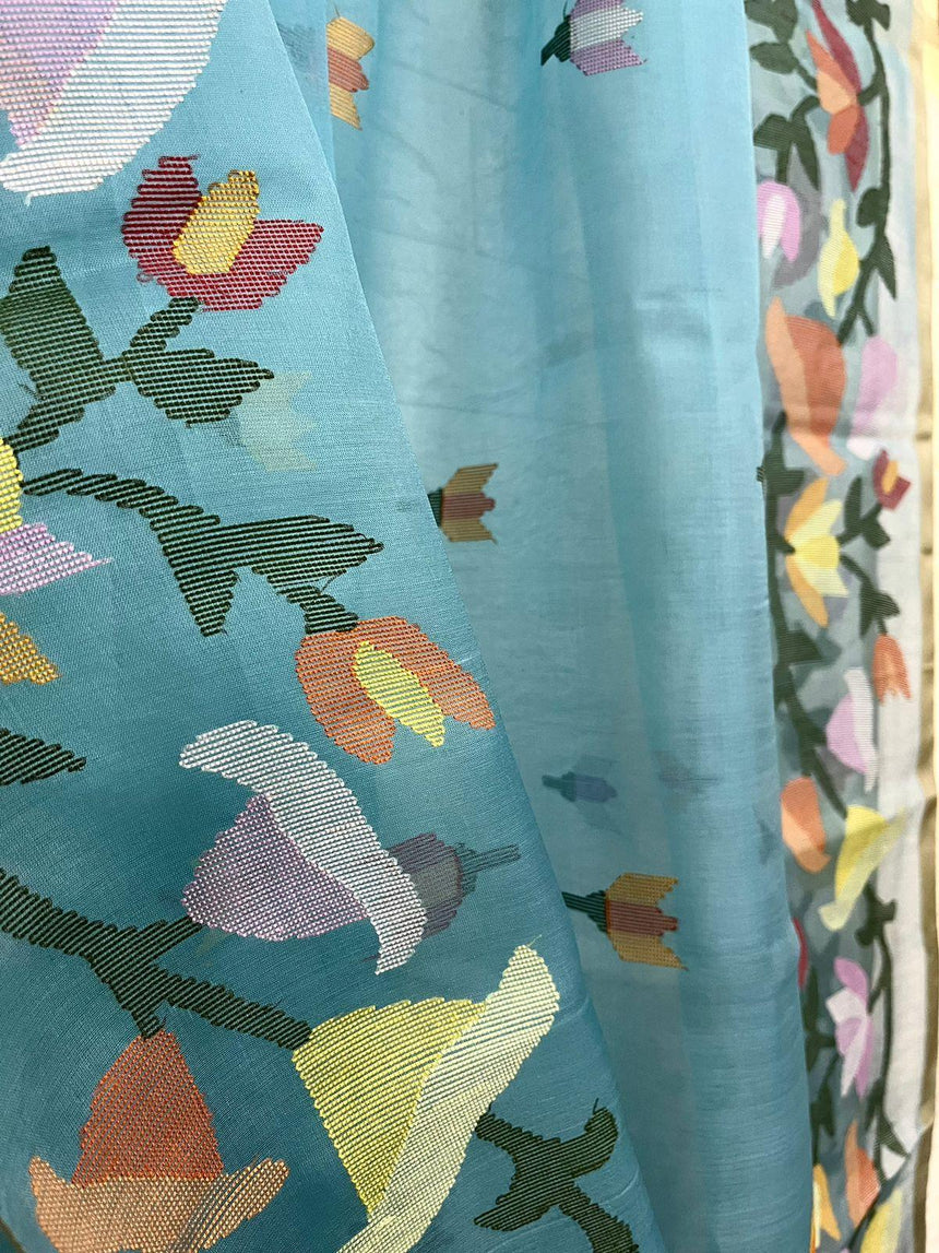 Sky blue with multicolour kalmilata floral handwoven muslin silk jamdani saree - Tamal Boutique
