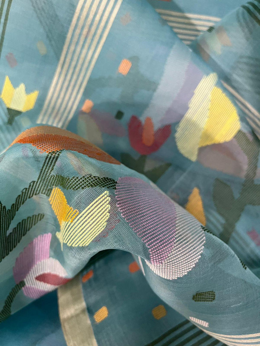 Sky blue with multicolour kalmilata floral handwoven muslin silk jamdani saree - Tamal Boutique