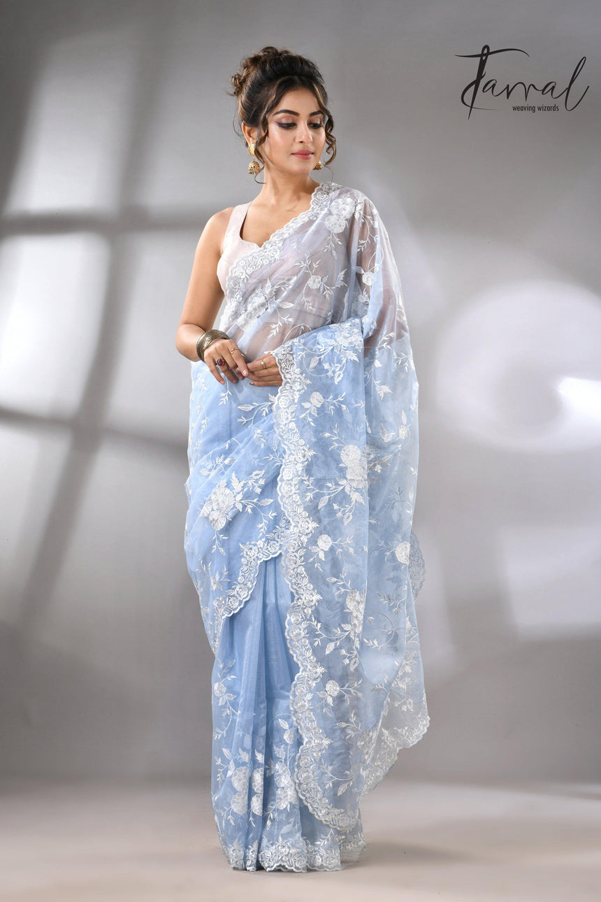 Sky blue organza embroidered handloom saree