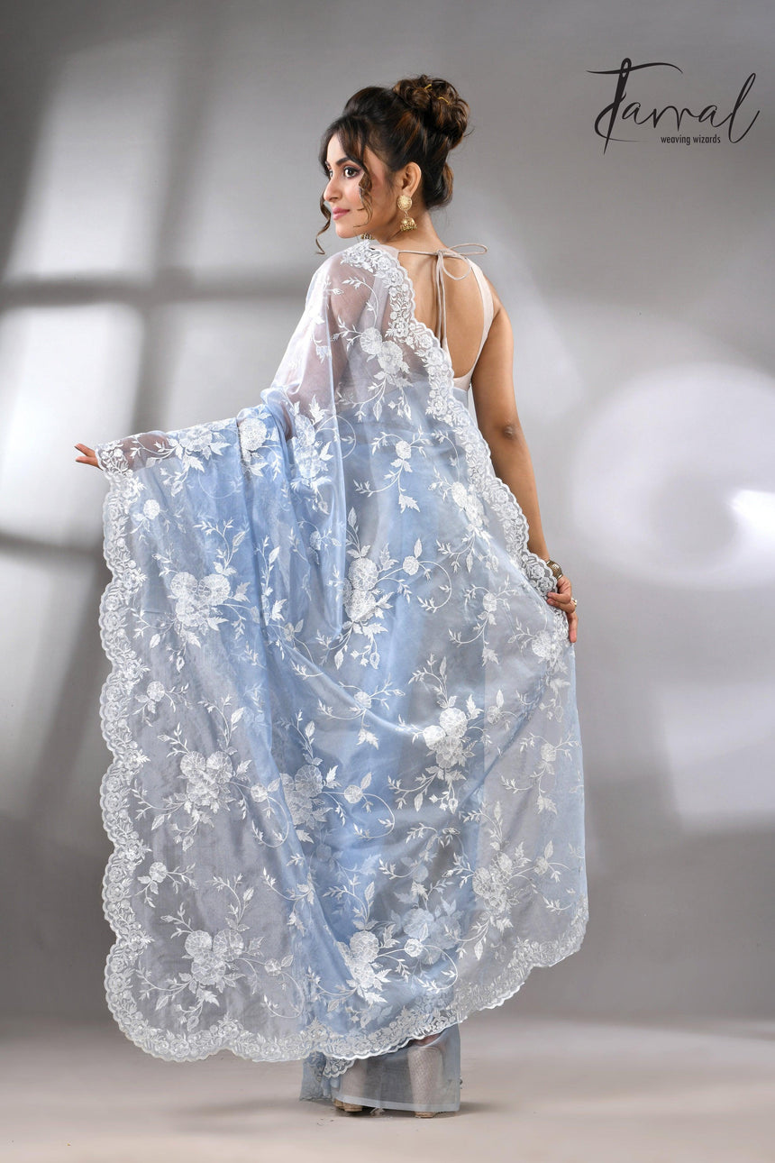 Sky blue organza embroidered handloom saree back