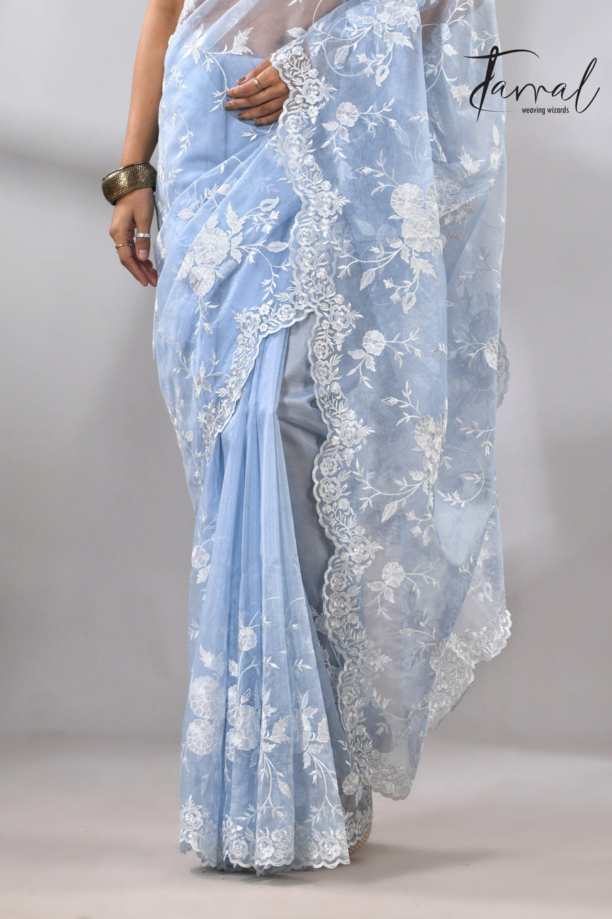 Sky blue organza embroidered handloom saree bottom