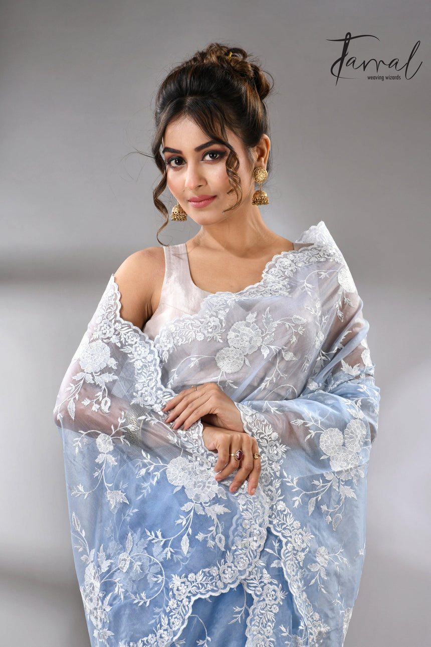 Sky blue organza embroidered handloom saree cls