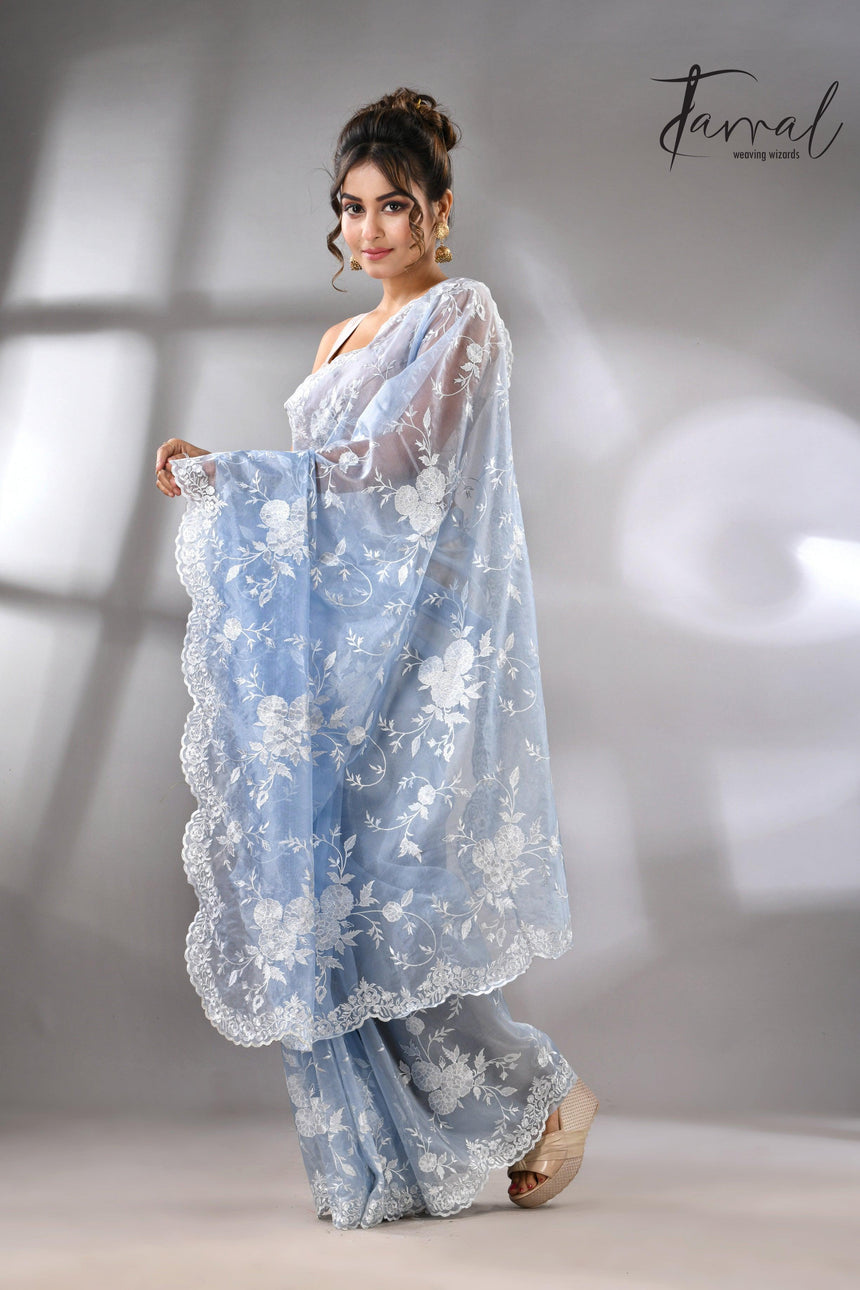 Sky blue organza embroidered handloom saree left1