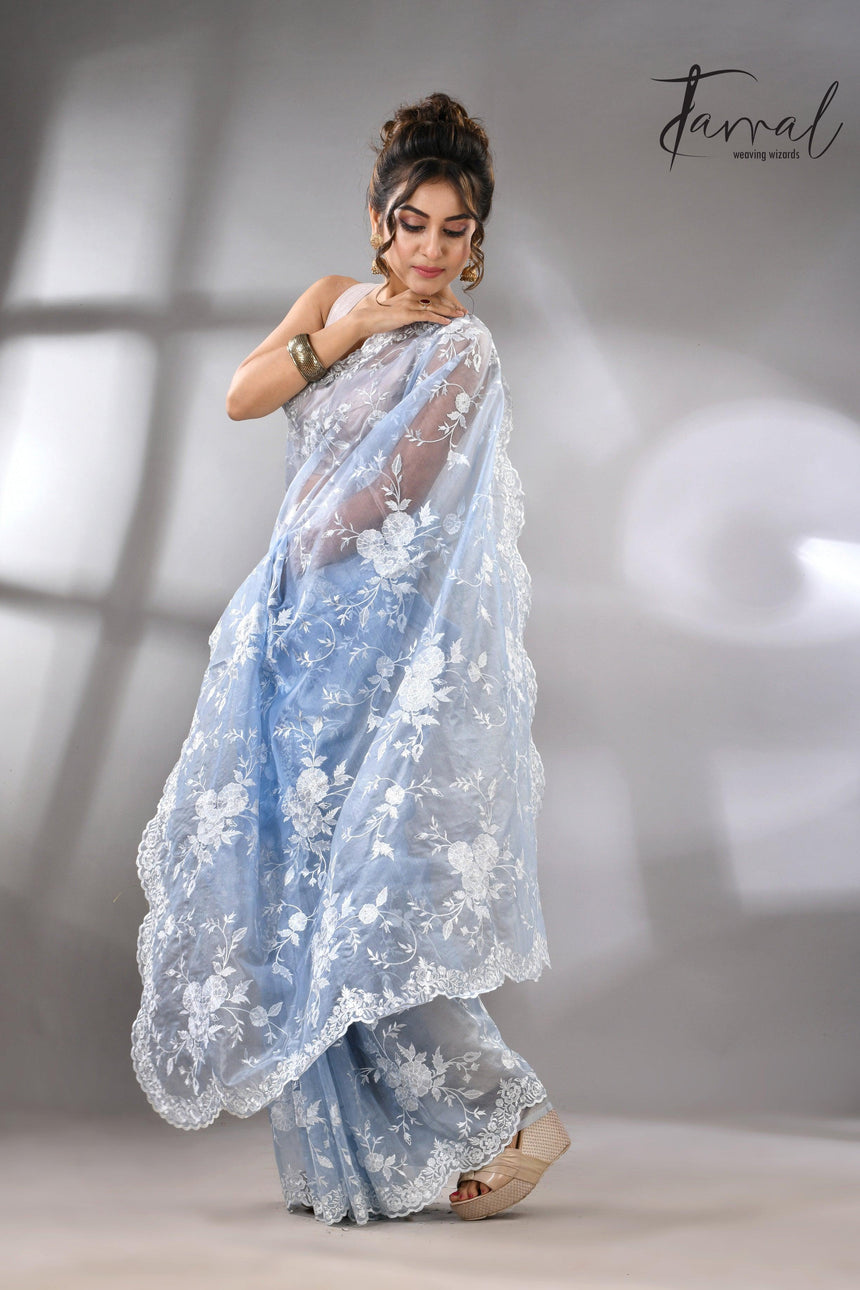 Sky blue organza embroidered handloom saree left2