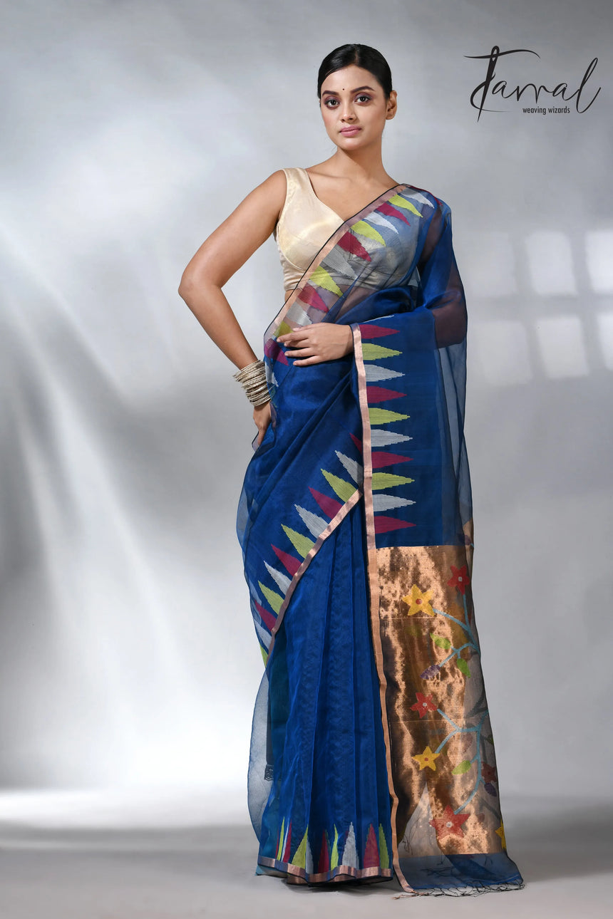Sky blue parrot paithani muslin silk handwoven jamdani saree