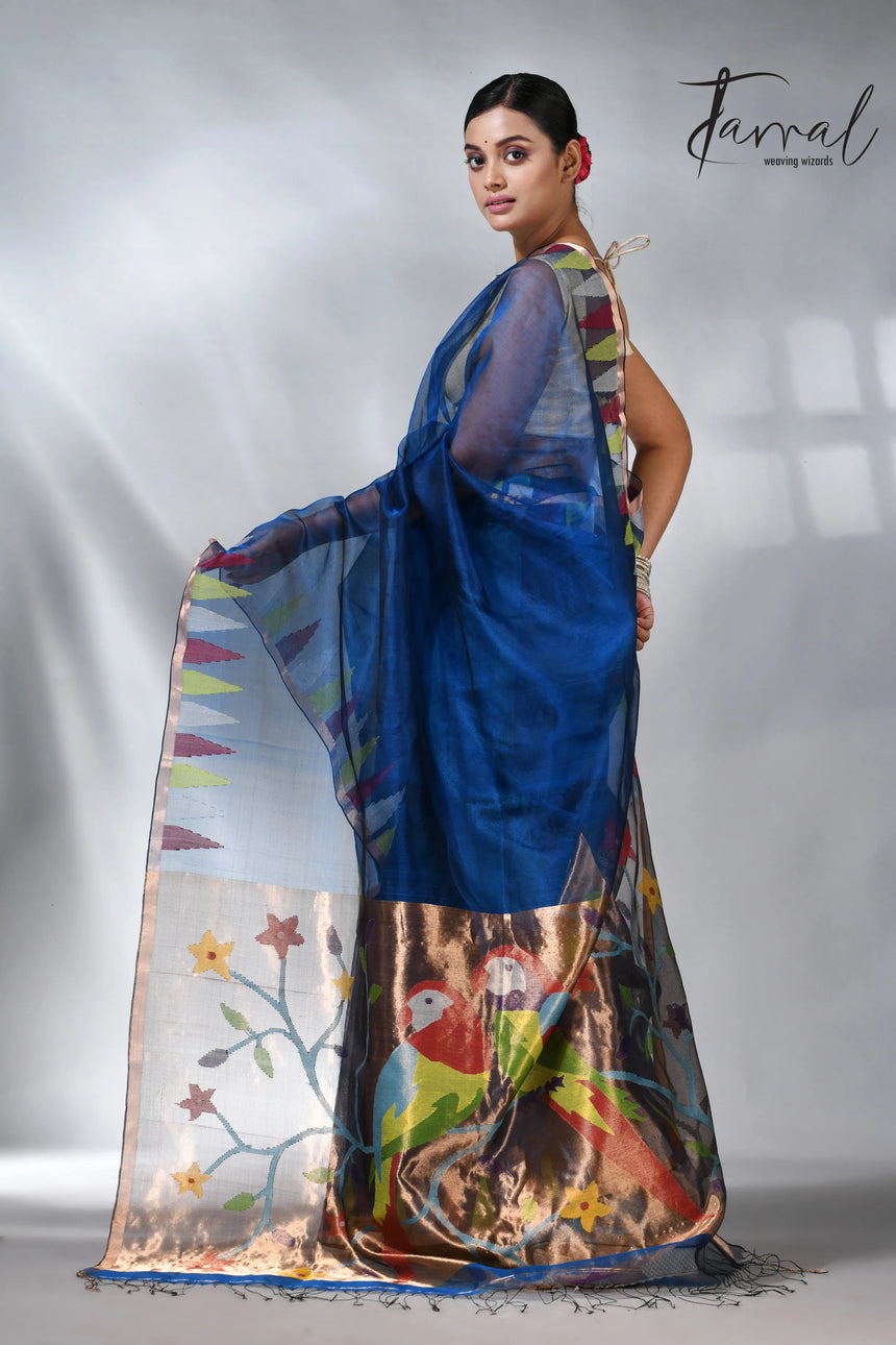 Sky blue parrot paithani muslin silk handwoven jamdani saree