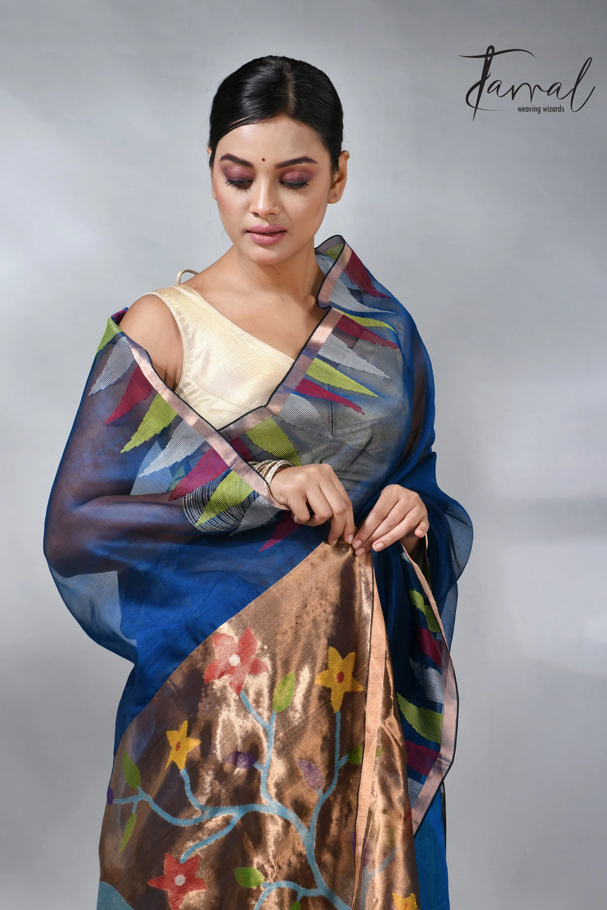 Sky blue parrot paithani muslin silk handwoven jamdani saree