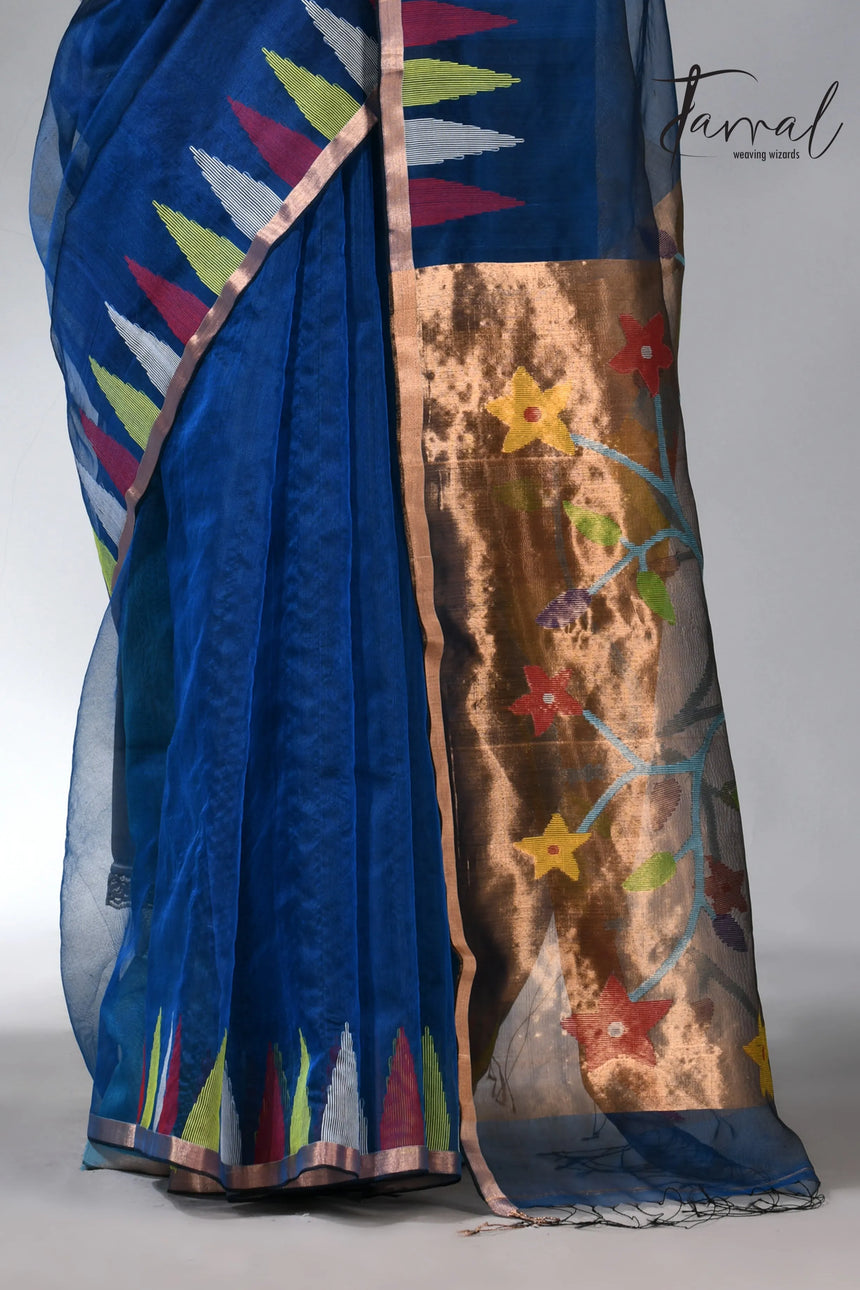 Sky blue parrot paithani muslin silk handwoven jamdani saree