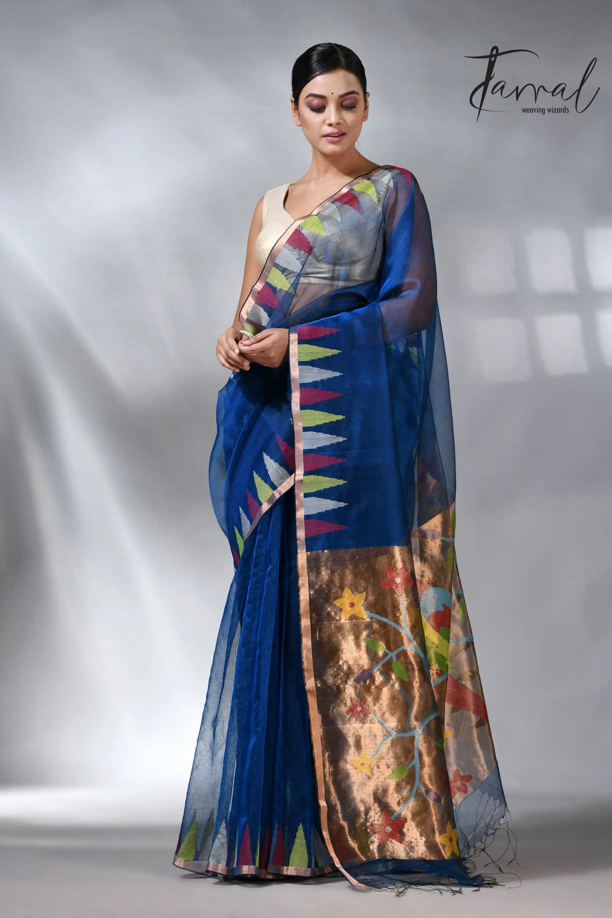 Sky blue parrot paithani muslin silk handwoven jamdani saree