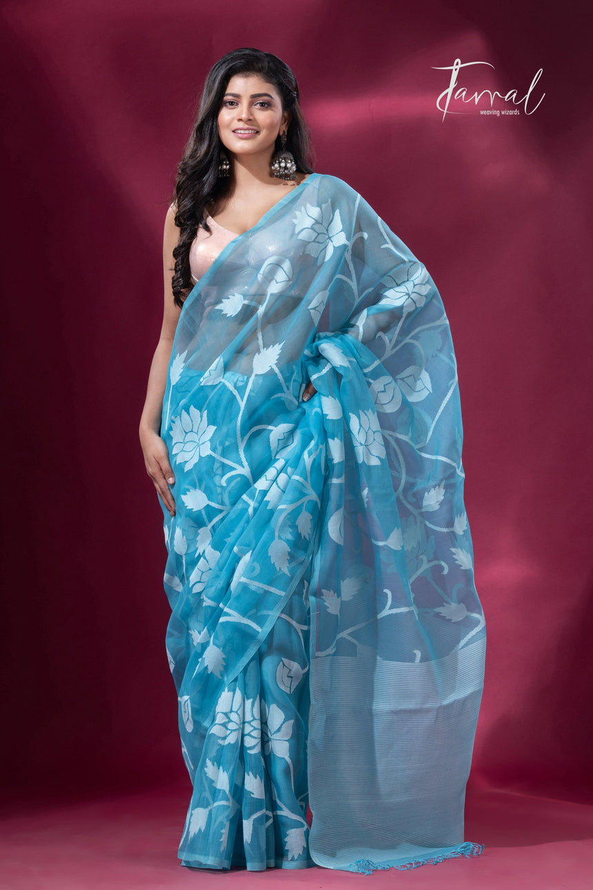 Sky blue with allover rose motifs handwoven jamdani saree