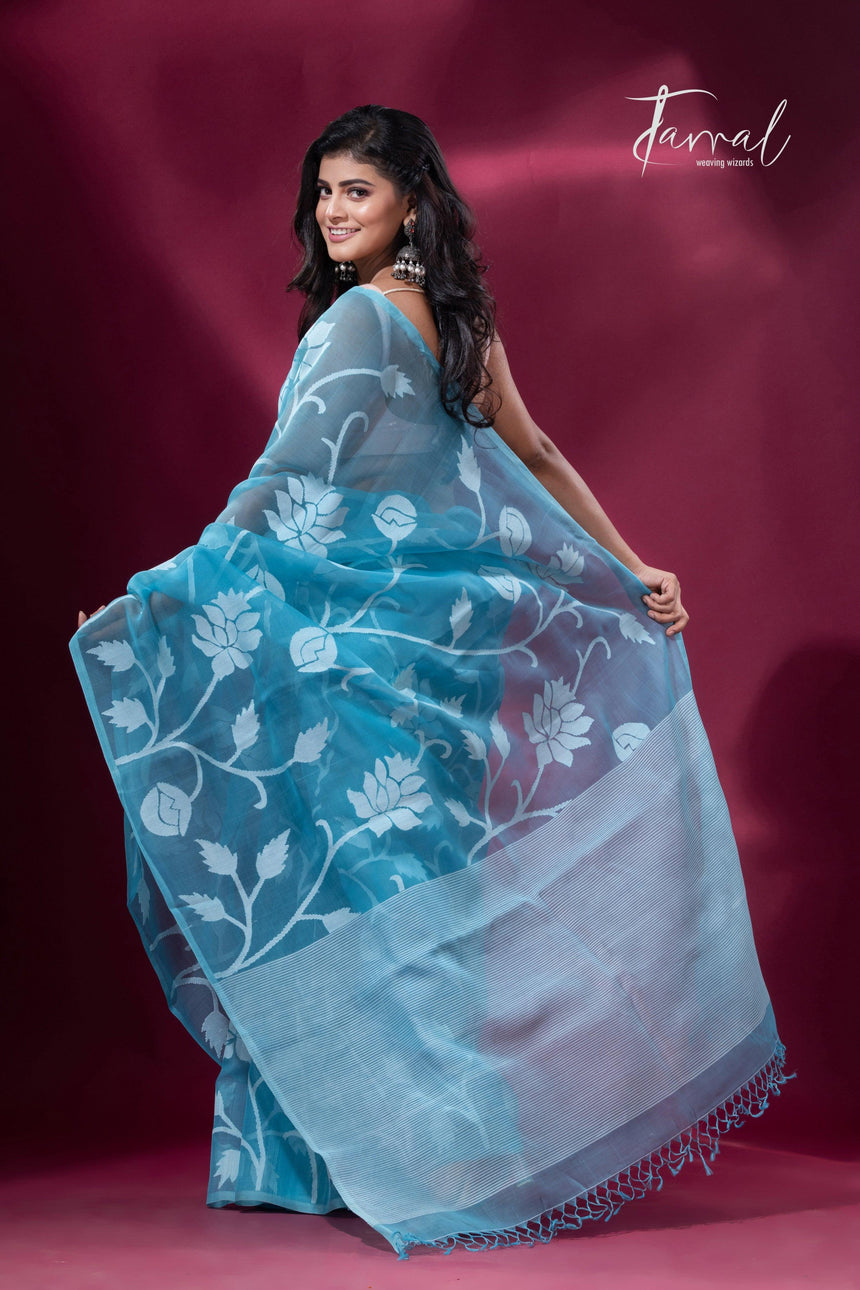 Sky blue with allover rose motifs handwoven jamdani saree back