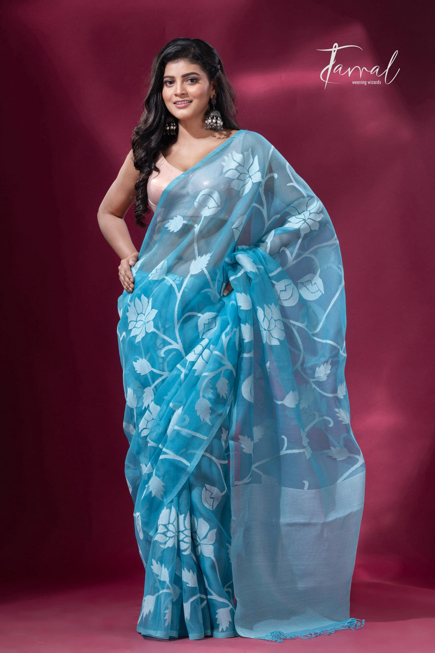 Sky blue with allover rose motifs handwoven jamdani saree full