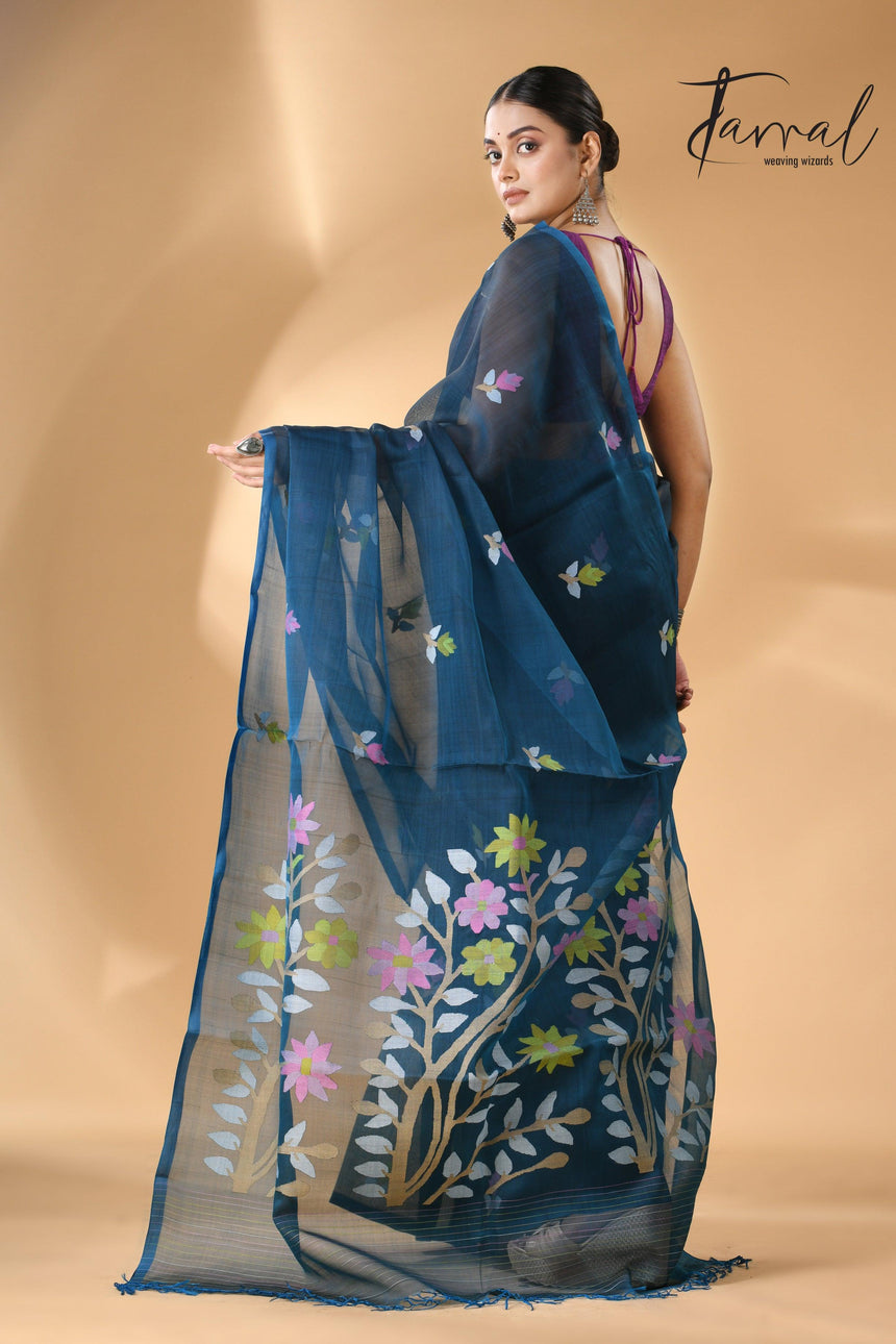 Steel Blue Floral Muslin Silk Handwoven Jamdani Saree Back