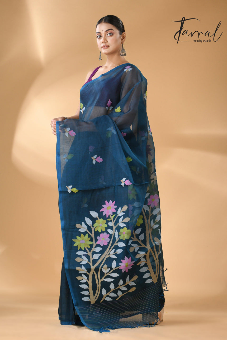 Steel Blue Floral Muslin Silk Handwoven Jamdani Saree left