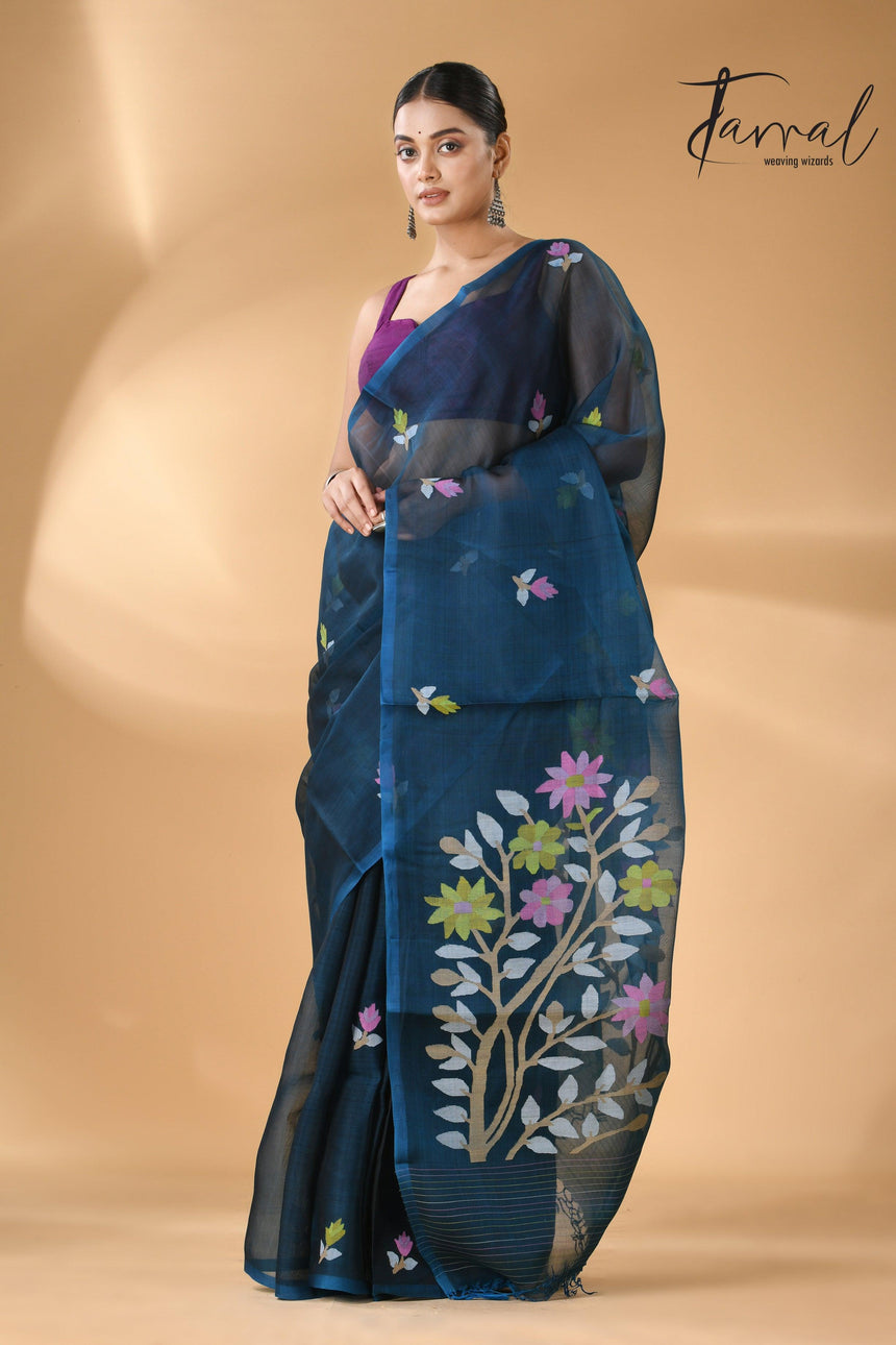 Steel Blue Floral Muslin Silk Handwoven Jamdani Saree full