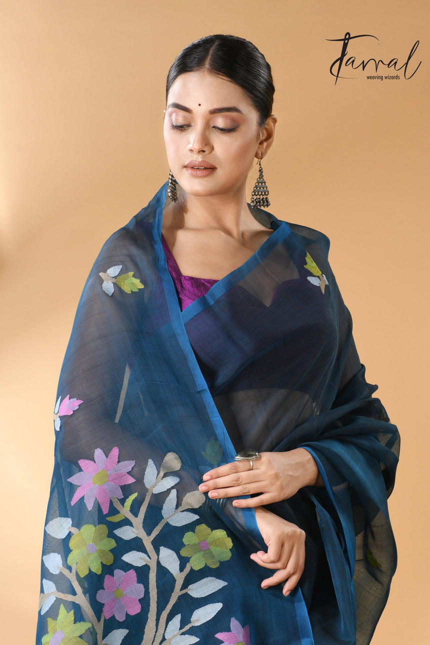 Steel Blue Floral Muslin Silk Handwoven Jamdani Saree closeup
