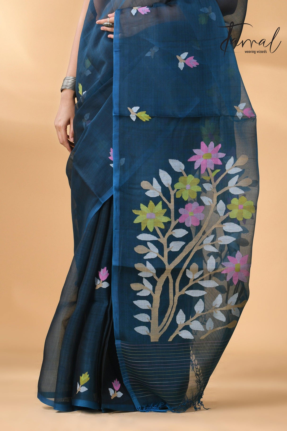 Steel Blue Floral Muslin Silk Handwoven Jamdani Saree Bottom