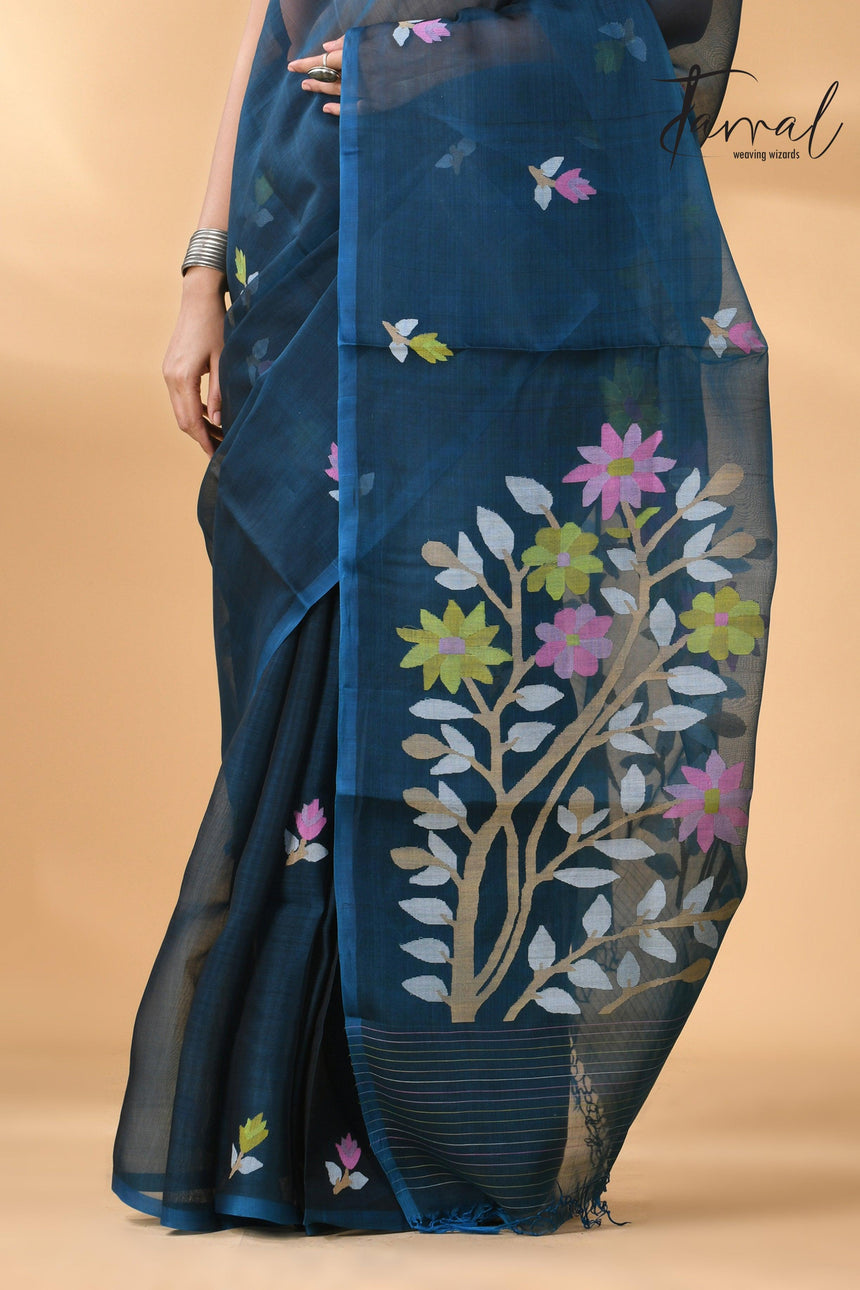 Steel Blue Floral Muslin Silk Handwoven Jamdani Saree Bottom