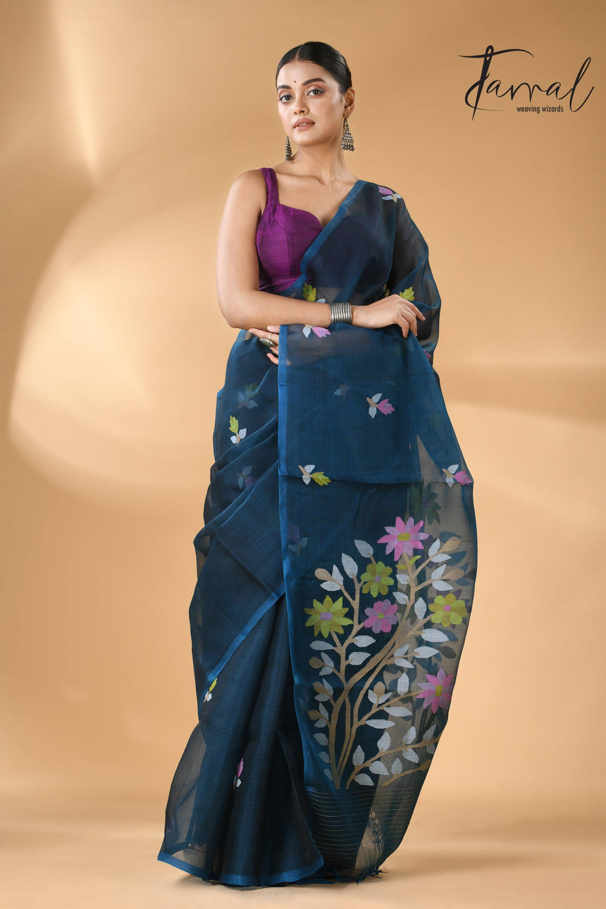Steel Blue Floral Muslin Silk Handwoven Jamdani Saree full2