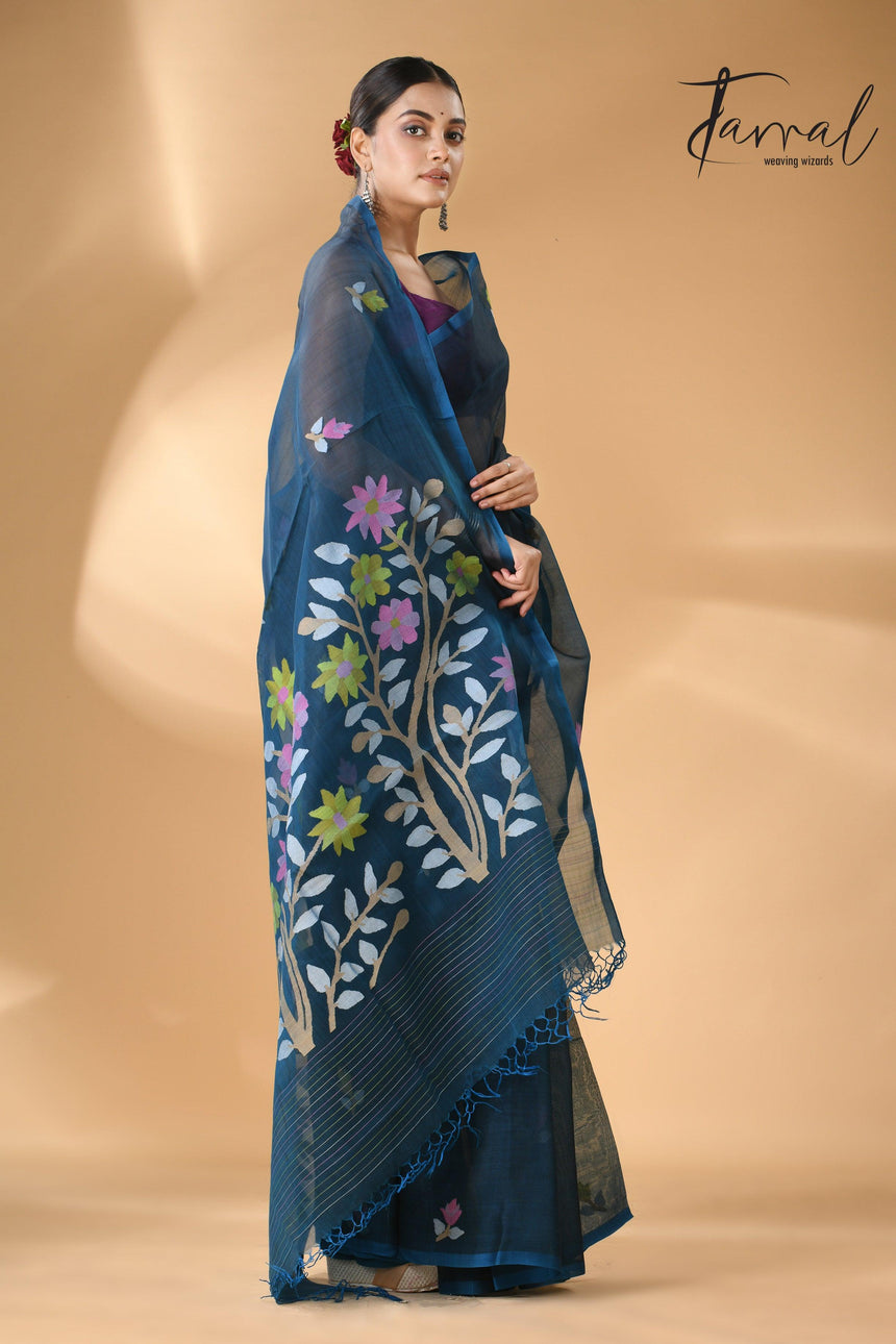 Steel Blue Floral Muslin Silk Handwoven Jamdani Saree right