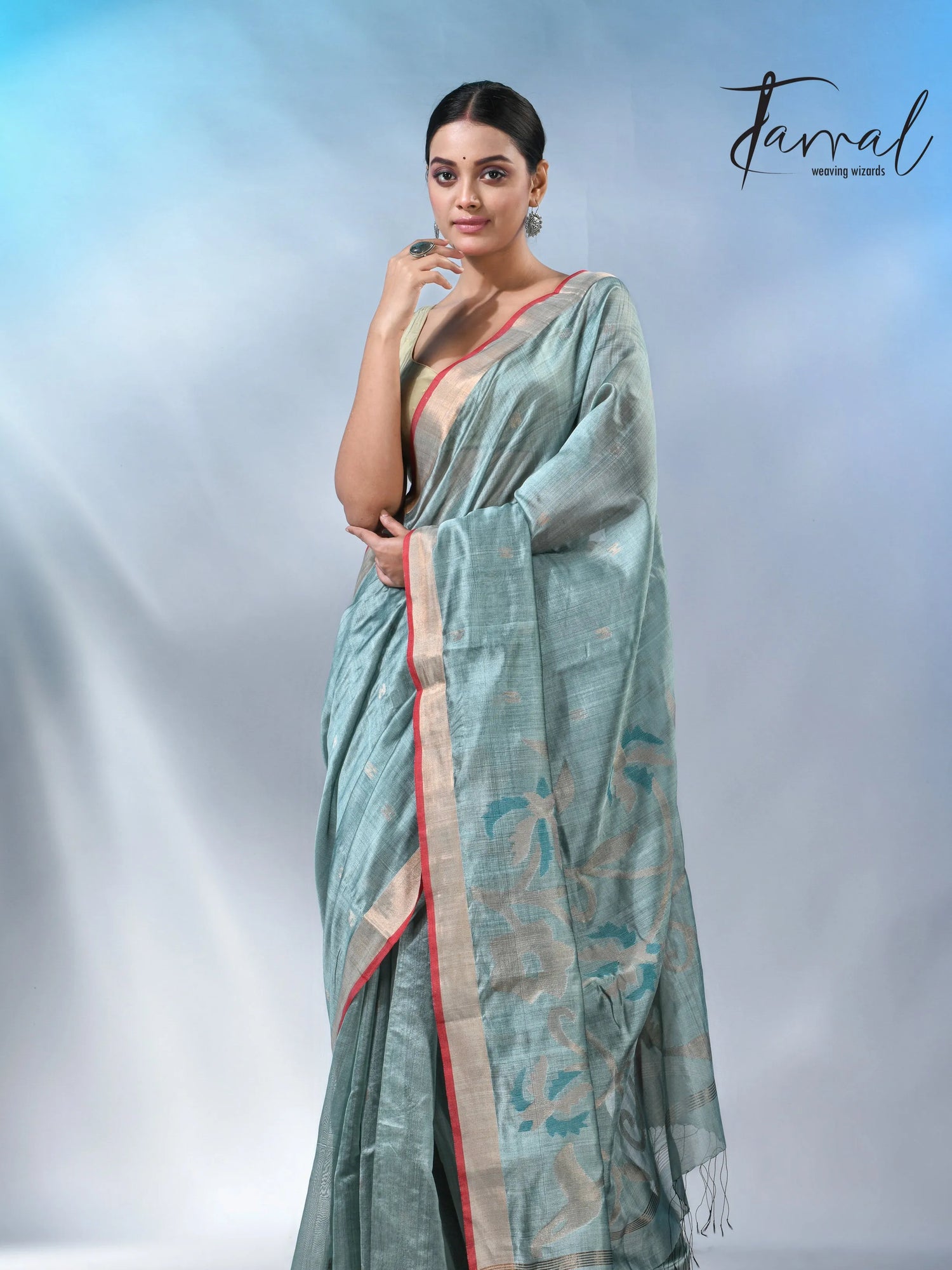 Steel blue with zari bangalore silk handwoven jamdani saree