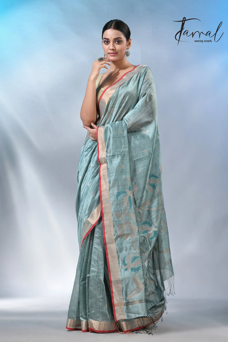 Steel blue with zari bangalore silk handwoven jamdani saree