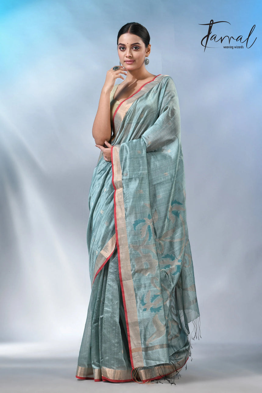 Steel blue with zari bangalore silk handwoven jamdani saree
