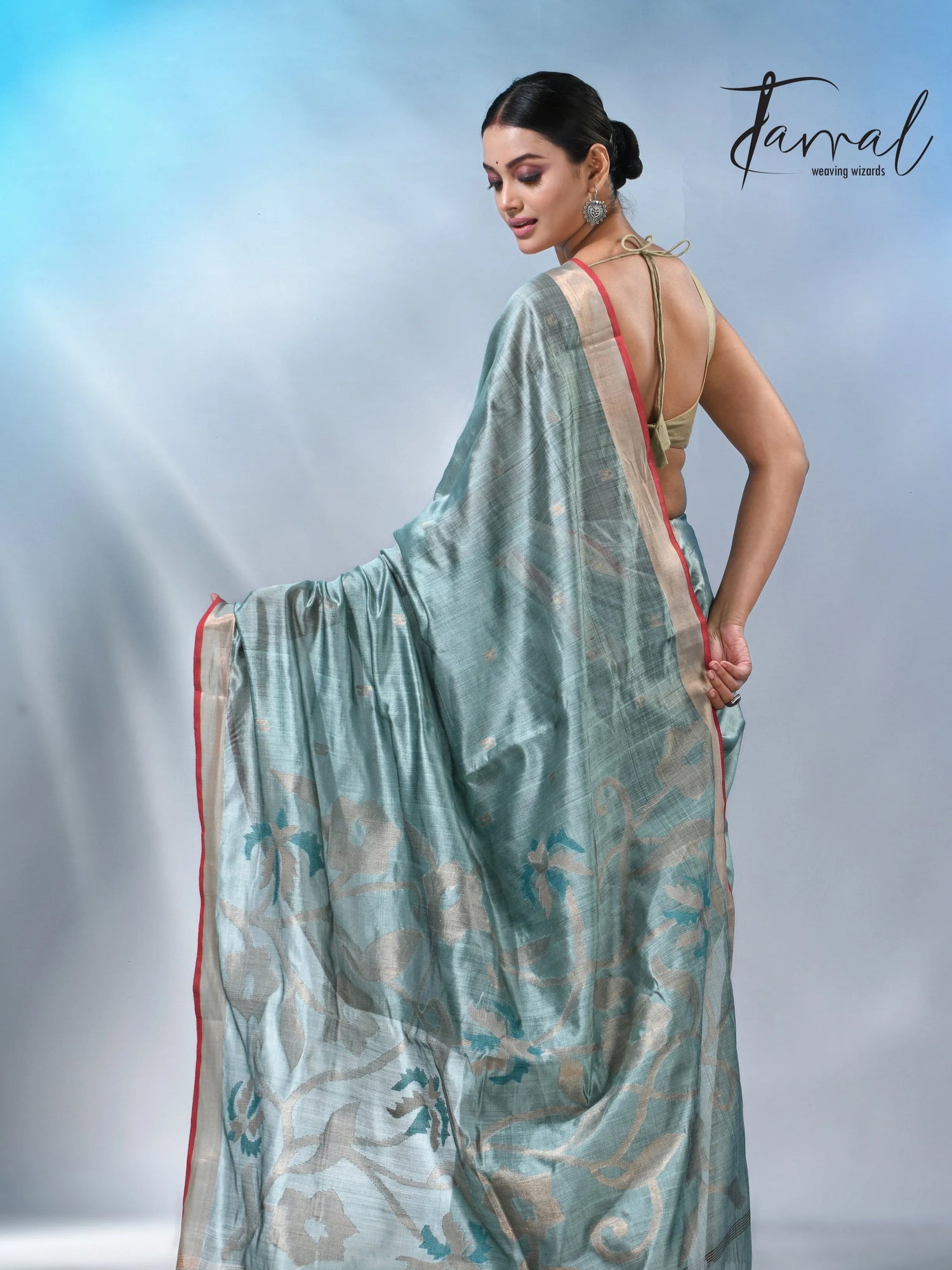 Steel blue with zari bangalore silk handwoven jamdani saree