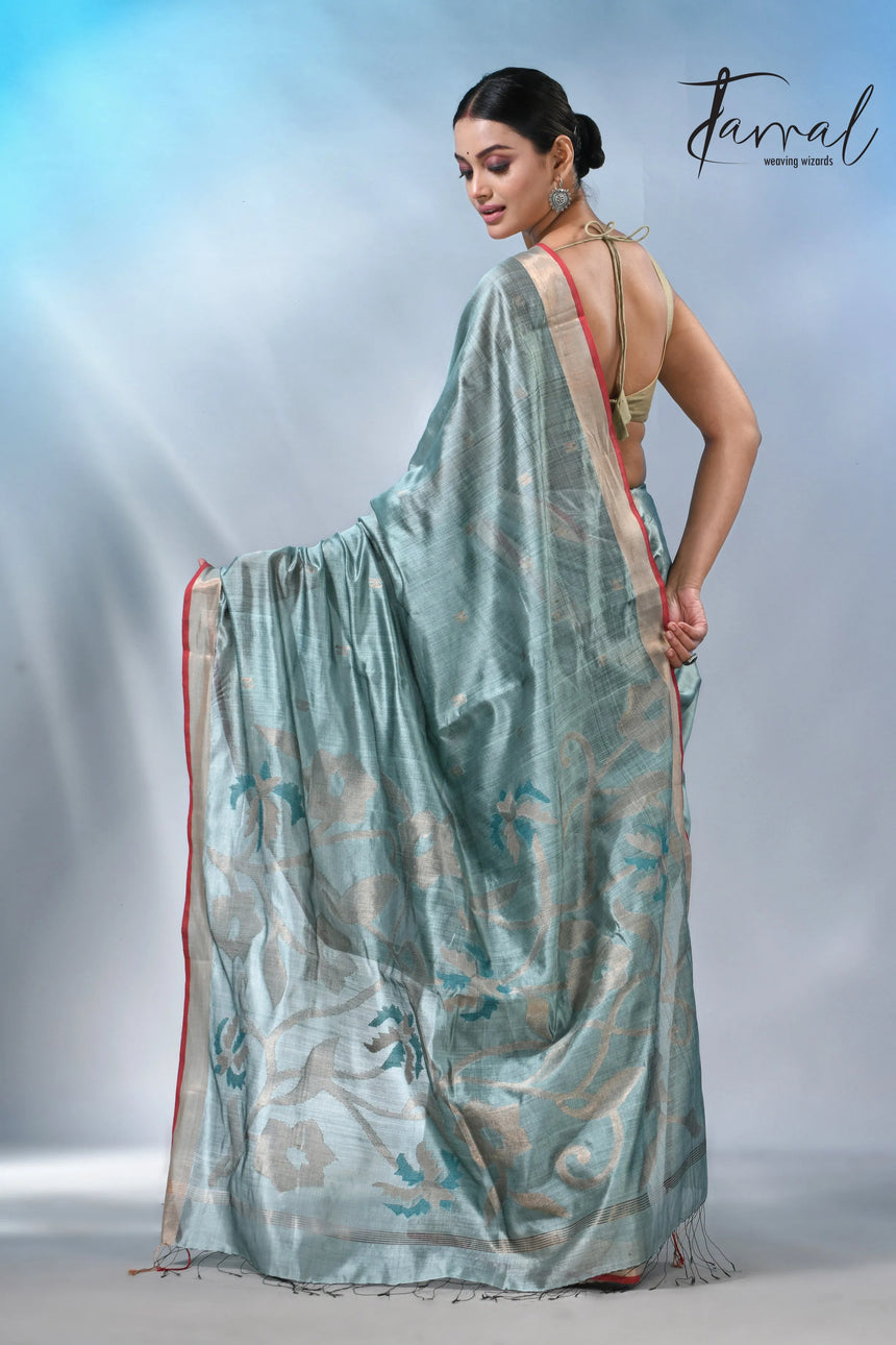 Steel blue with zari bangalore silk handwoven jamdani saree
