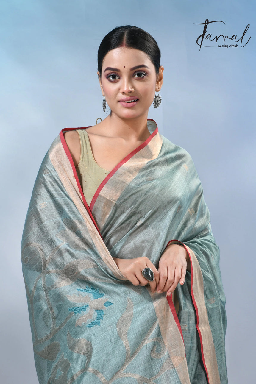 Steel blue with zari bangalore silk handwoven jamdani saree