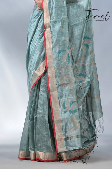 Steel blue with zari bangalore silk handwoven jamdani saree