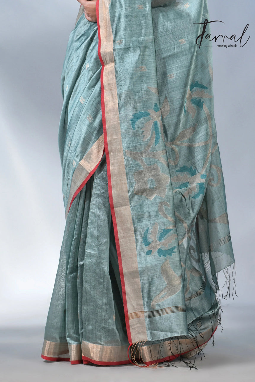 Steel blue with zari bangalore silk handwoven jamdani saree